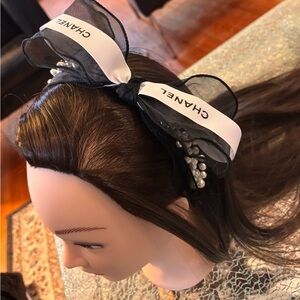 Classic black mesh and pearl ribbon embellished headband hand made brand new
